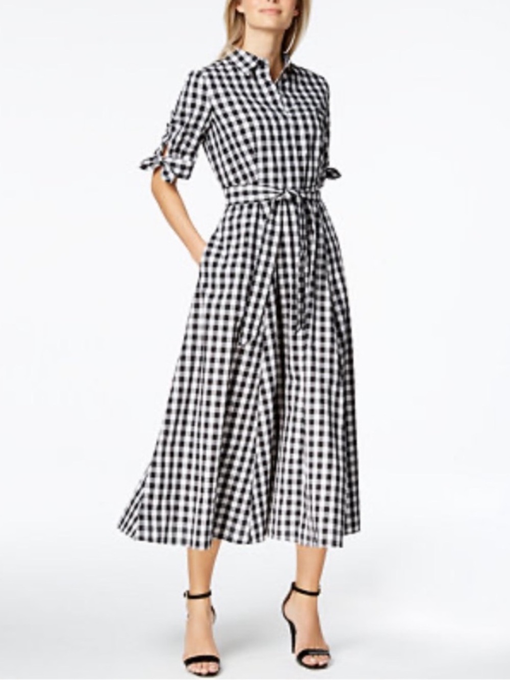 Calvin Klein Gingham Fit and Flare Belted Shirtdress Preppy Black White Sz 10